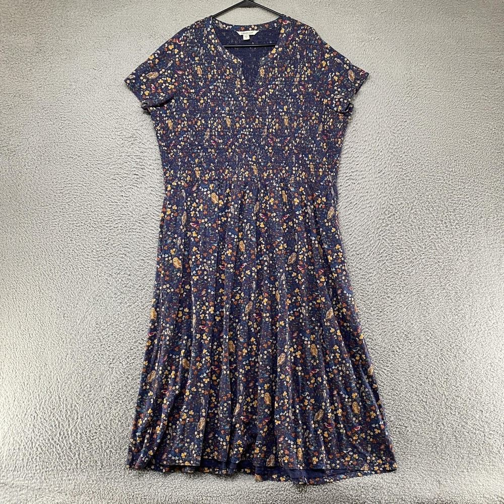 Coldwater Creek Dress Womens 1X Blue Floral Owl Bird Knit Fit Flare Maxi Pockets